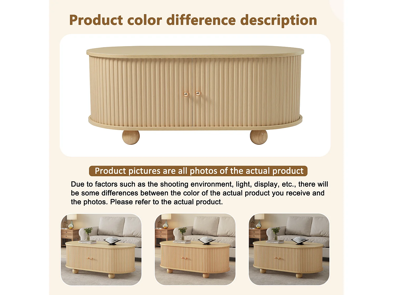 Mesa de centro oval com 2 portas de correr e compartimento - 100 x 50 x 40 cm - Madeira MDF - Cor madeira