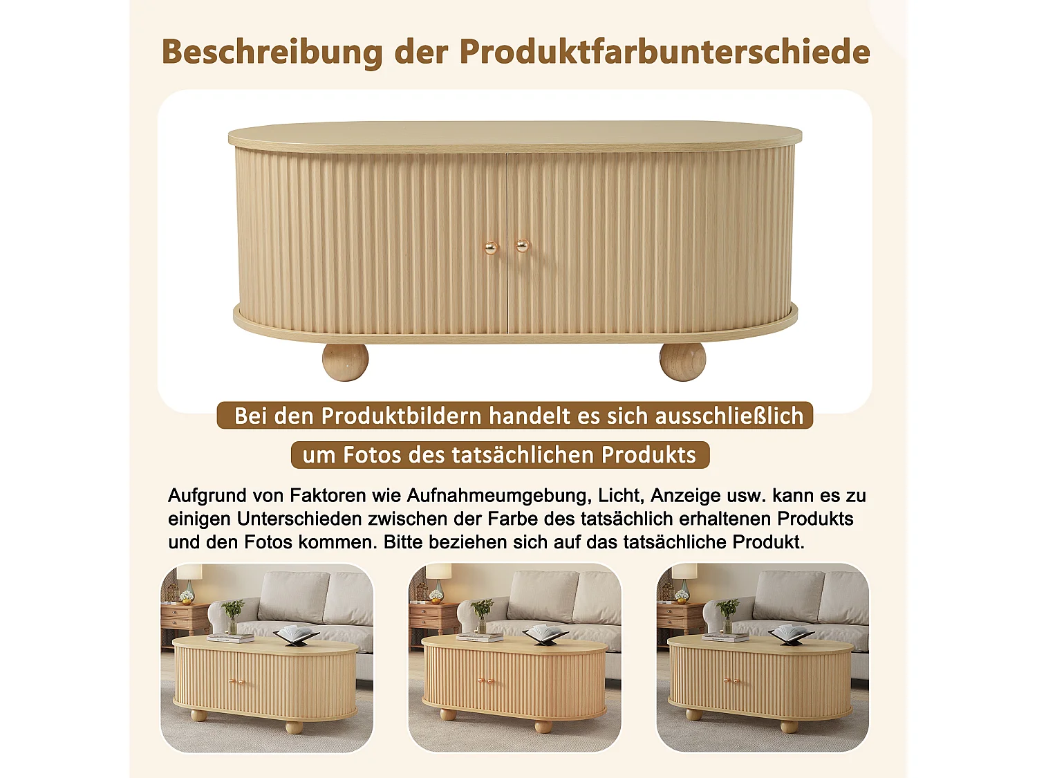 Mesa de centro oval com 2 portas de correr e compartimento - 100 x 50 x 40 cm - Madeira MDF - Cor madeira