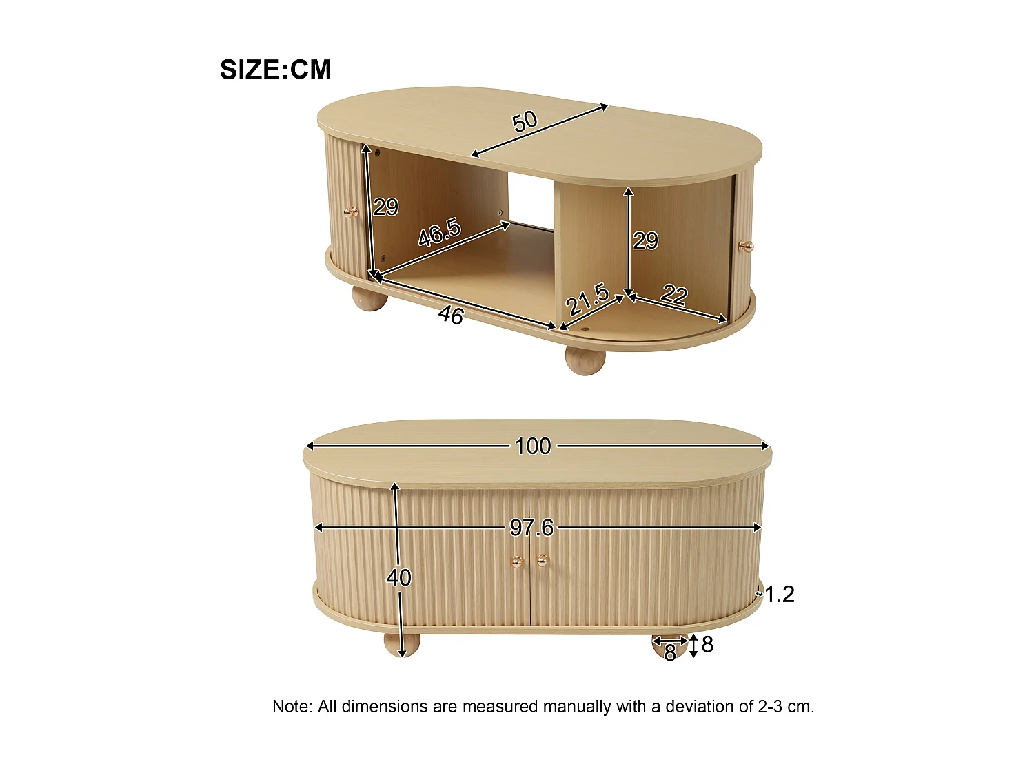 Mesa de centro oval com 2 portas de correr e compartimento - 100 x 50 x 40 cm - Madeira MDF - Cor madeira