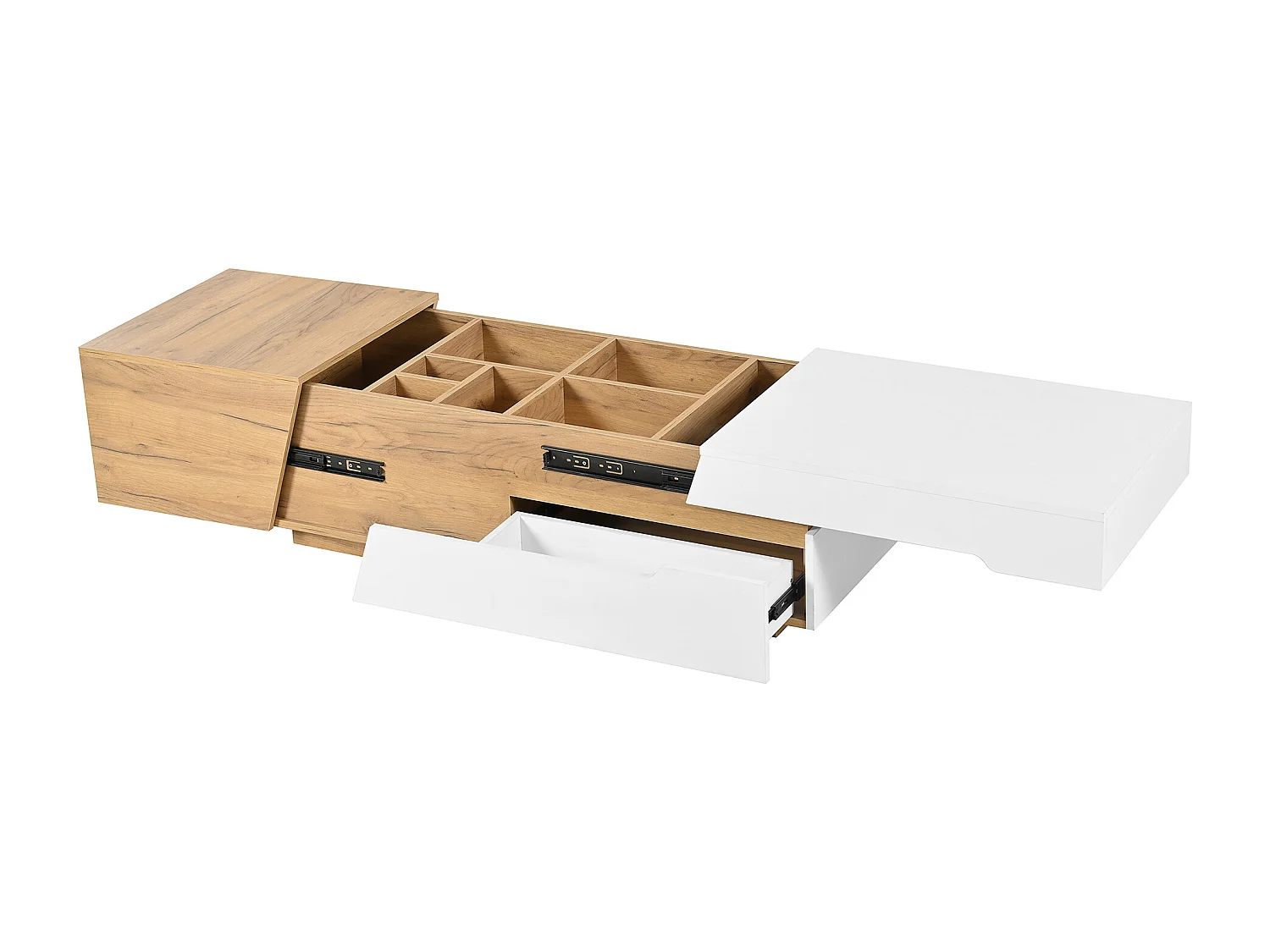 Table basse extensible avec 2 tiroirs - Design bicolore contrasté - Blanc et naturel