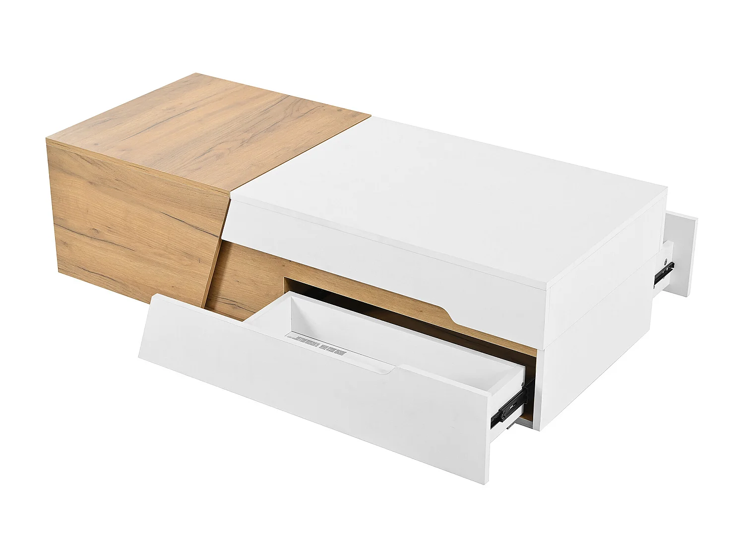 Table basse extensible avec 2 tiroirs - Design bicolore contrasté - Blanc et naturel