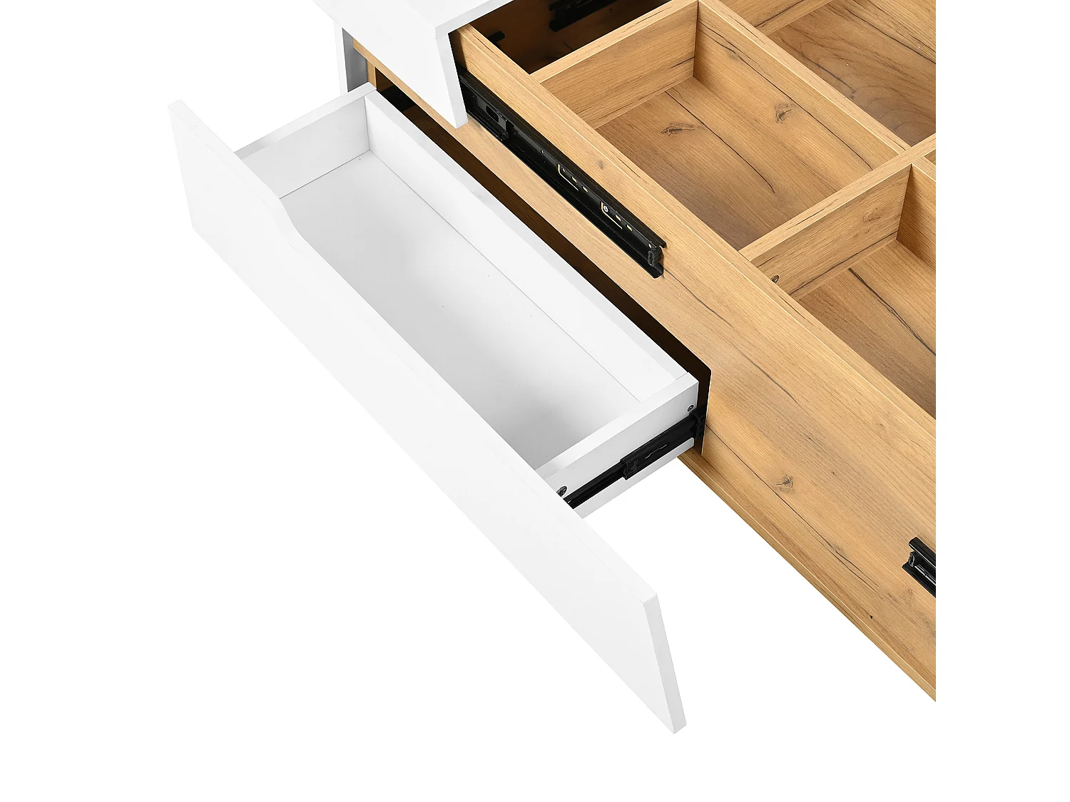 Table basse extensible avec 2 tiroirs - Design bicolore contrasté - Blanc et naturel
