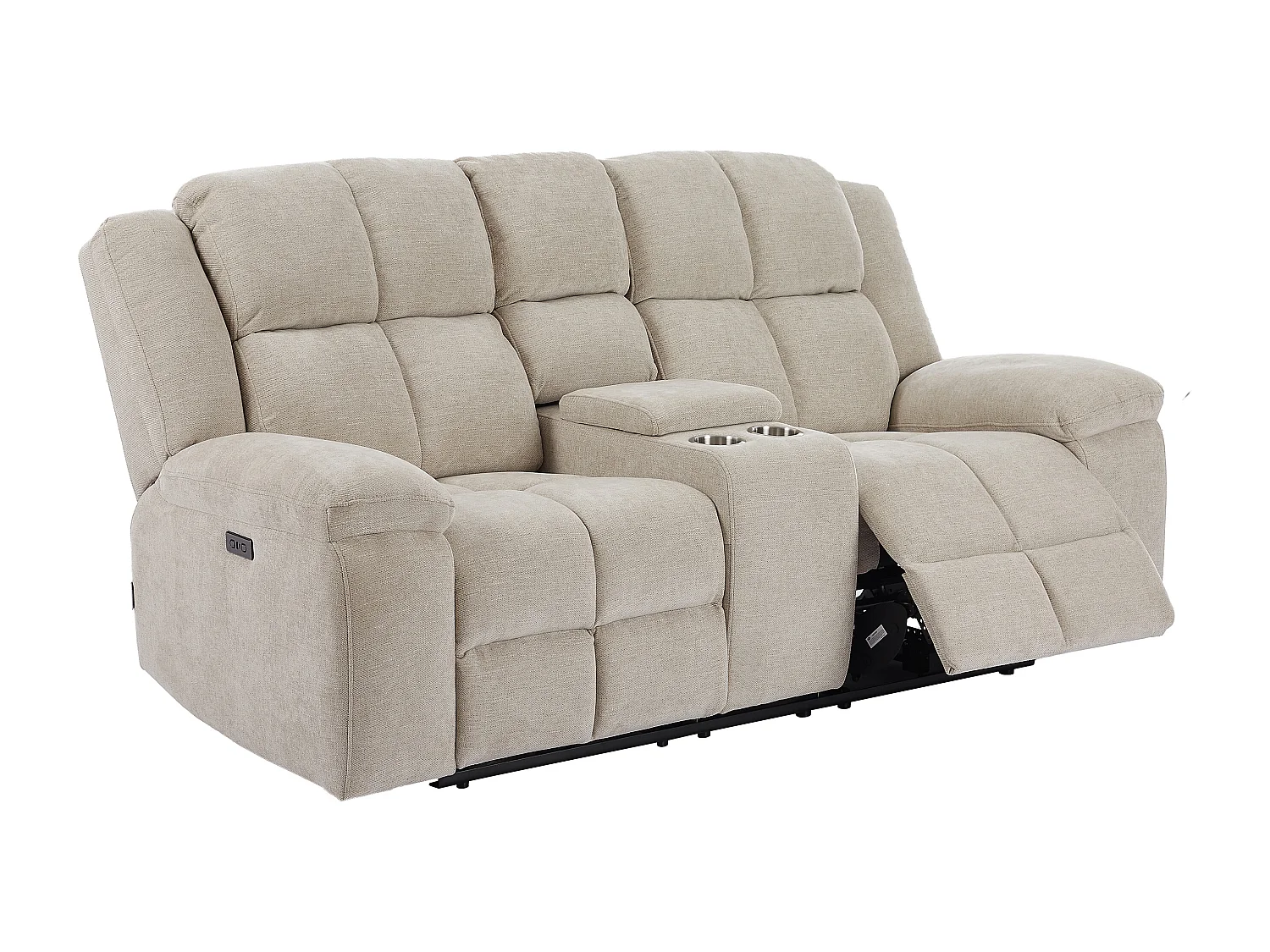 Canapé 2 places relax électrique avec tablette en tissu beige LITUPO