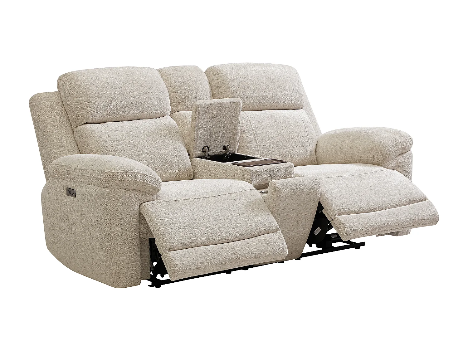 Canapé 2 places relax électrique avec tablette et chargeur sans fil en tissu chiné beige KELUNO