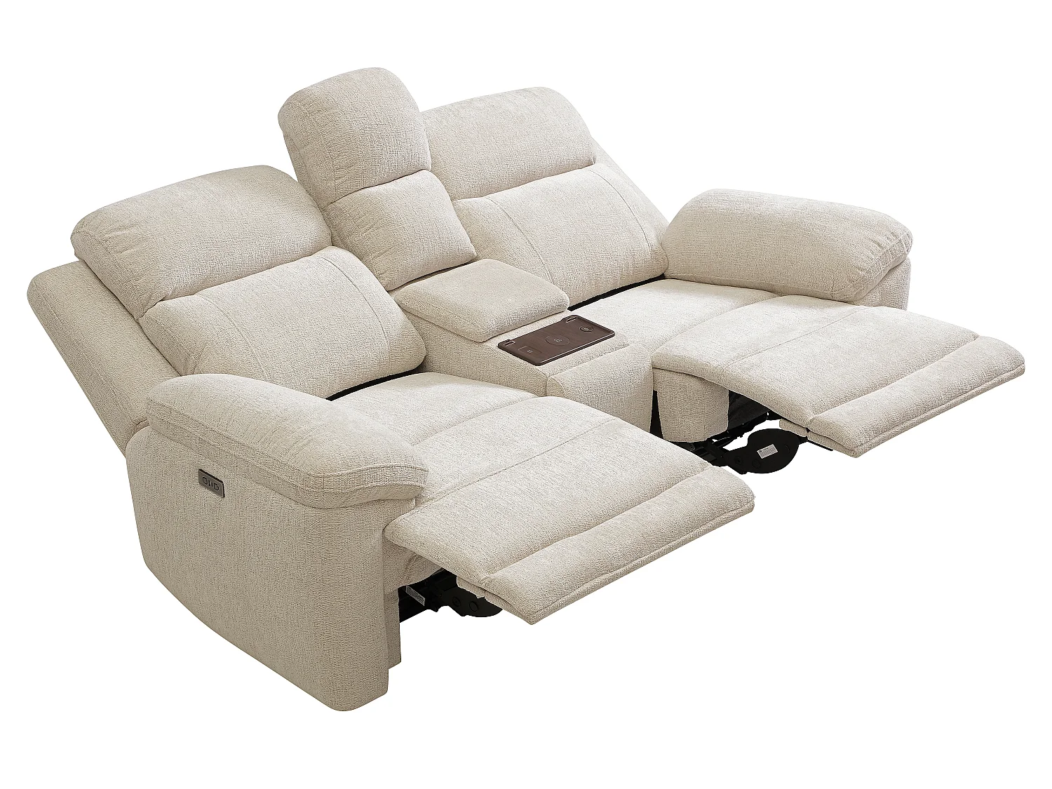 Canapé 2 places relax électrique avec tablette et chargeur sans fil en tissu chiné beige KELUNO