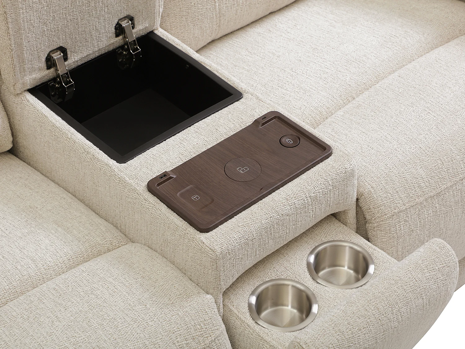 Canapé 2 places relax électrique avec tablette et chargeur sans fil en tissu chiné beige KELUNO