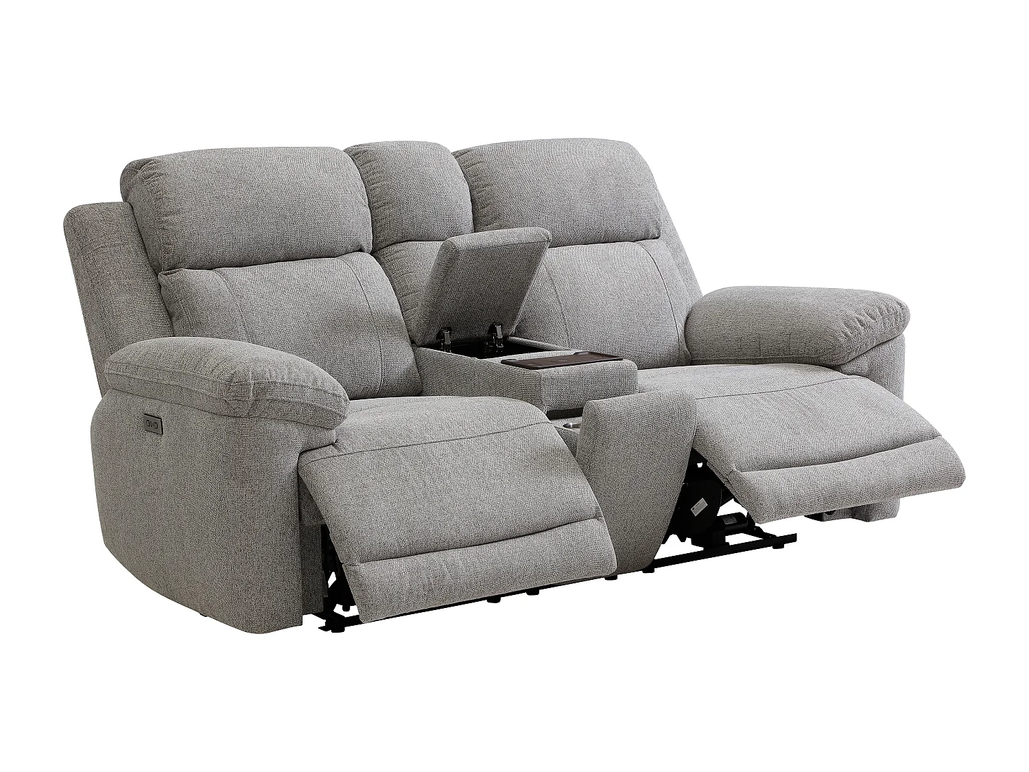 Canapé 2 places relax électrique avec tablette et chargeur sans fil en tissu chiné gris KELUNO