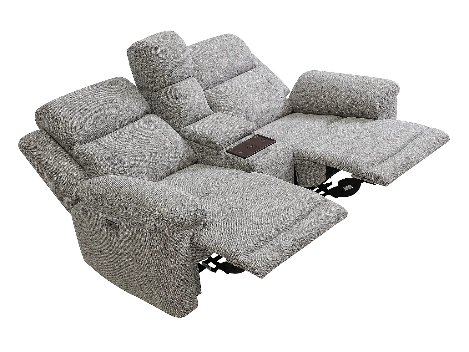 Canapé 2 places relax électrique avec tablette et chargeur sans fil en tissu chiné gris KELUNO