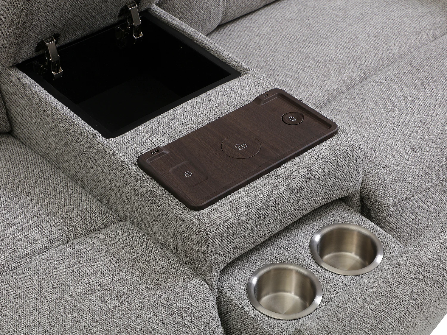 Canapé 2 places relax électrique avec tablette et chargeur sans fil en tissu chiné gris KELUNO