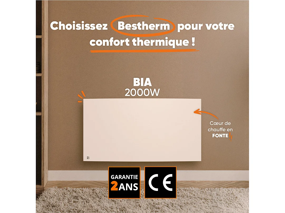 Radiateur électrique fixe à inertie sèche fonte 2000W Bestherm BIA horizontal blanc