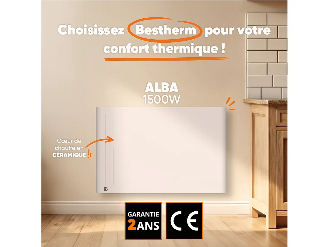 Radiateur électrique fixe à inertie sèche céramique 1500W Bestherm ALBA horizontal blanc