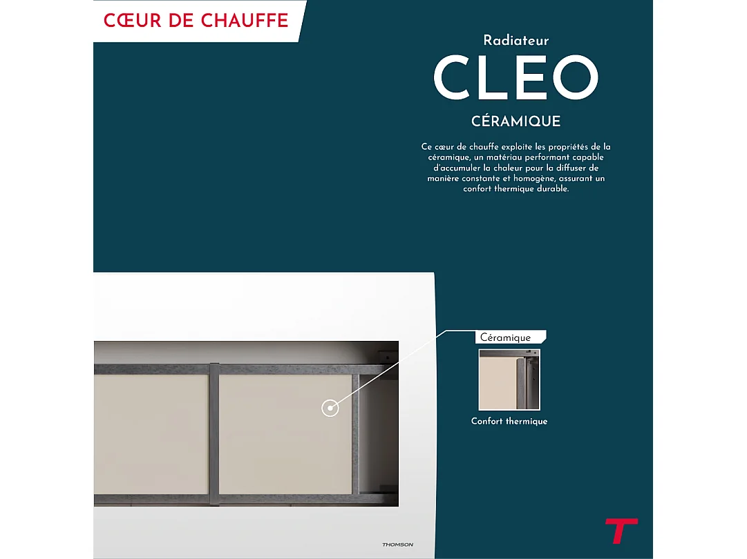Radiateur électrique fixe à inertie sèche céramique avec thermostat interchangeable 1000W THOMSON CLEO horizontal blanc
