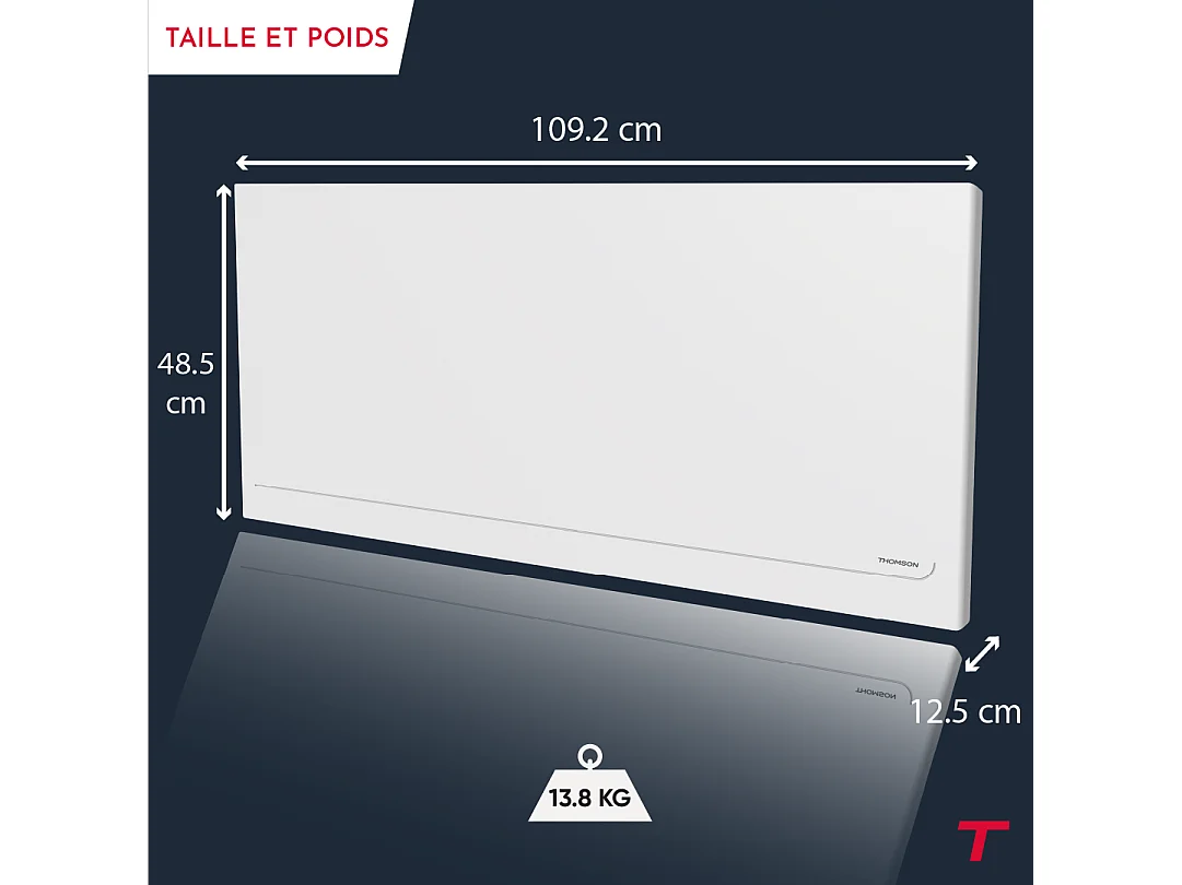 Radiateur électrique fixe connecté WiFi à inertie sèche céramique avec thermostat interchangeable 2000W THOMSON MILLA horizontal blanc