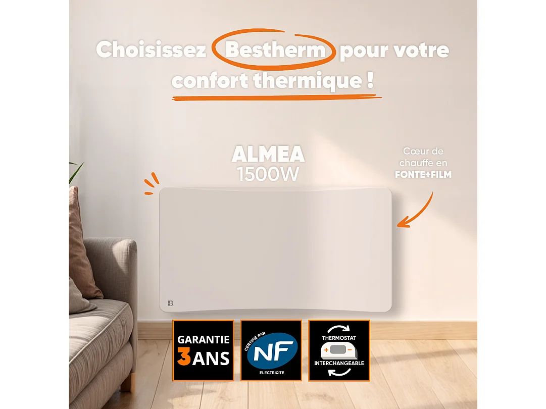 Radiateur électrique fixe à inertie sèche fonte + film avec thermostat interchangeable 1500W Bestherm ALMEA horizontal blanc
