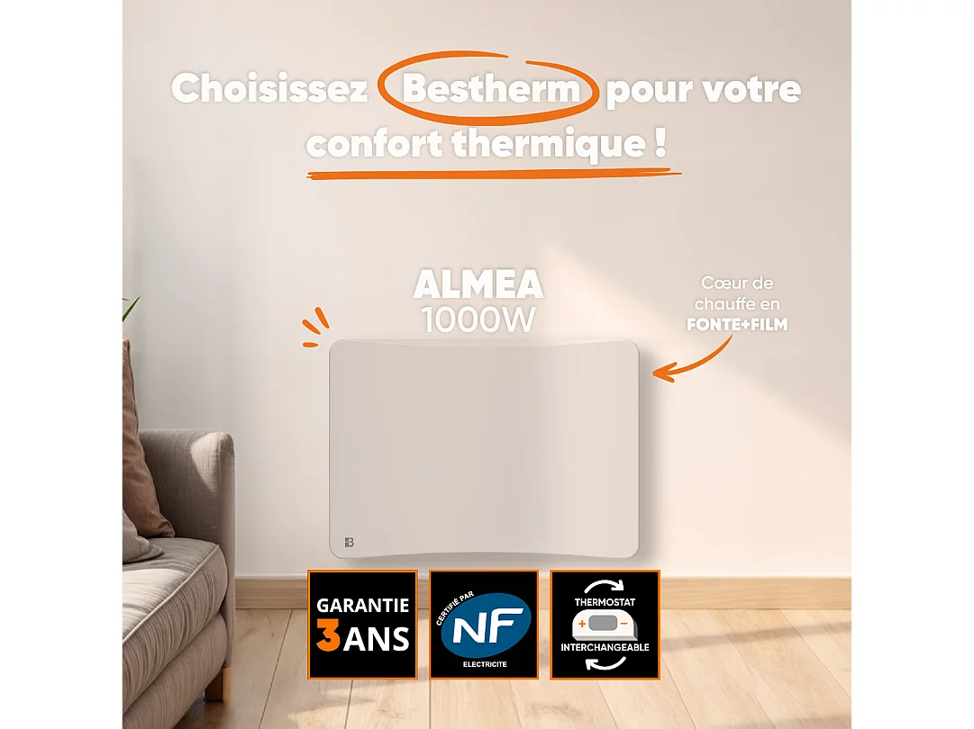Radiateur électrique fixe à inertie sèche fonte + film avec thermostat interchangeable 1000W Bestherm ALMEA horizontal blanc