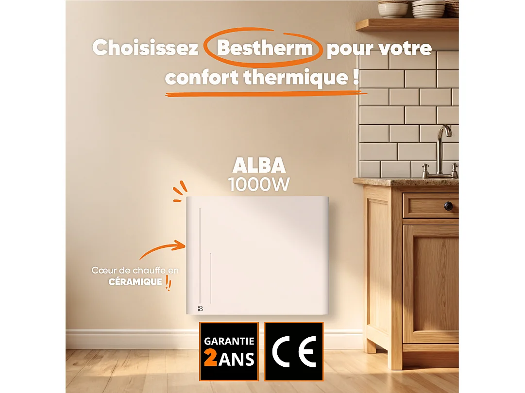 Radiateur électrique fixe à inertie sèche céramique 1000W Bestherm ALBA horizontal blanc