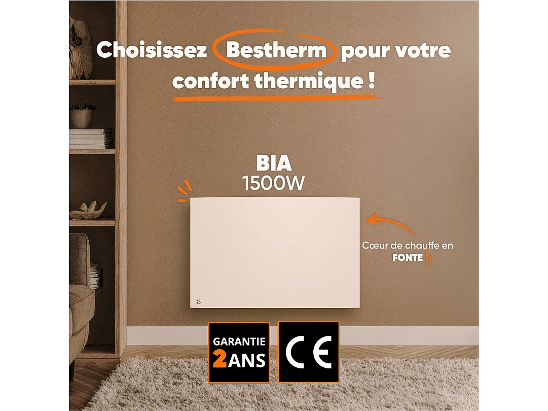Radiateur électrique fixe à inertie sèche fonte 1500W Bestherm BIA horizontal blanc