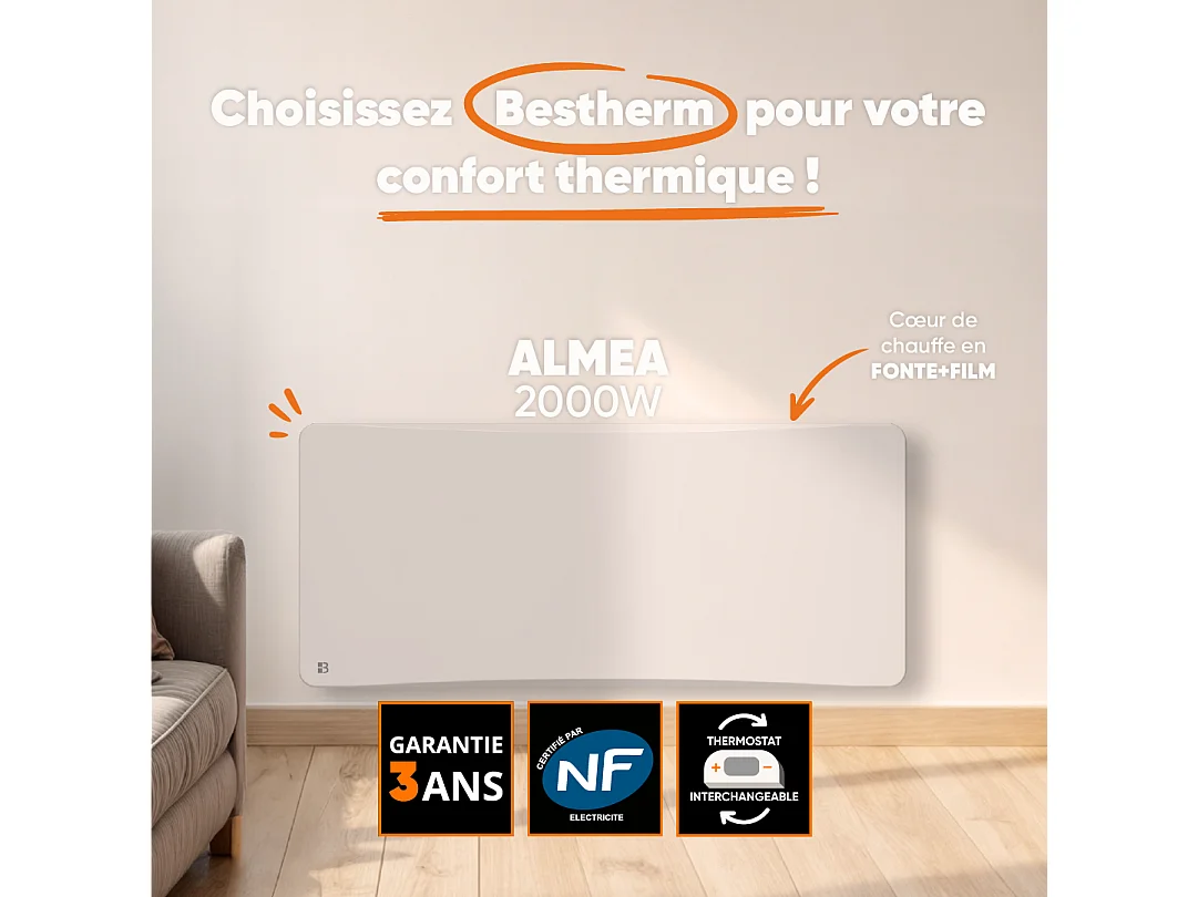 Radiateur électrique fixe à inertie sèche fonte + film avec thermostat interchangeable 2000W Bestherm ALMEA horizontal blanc