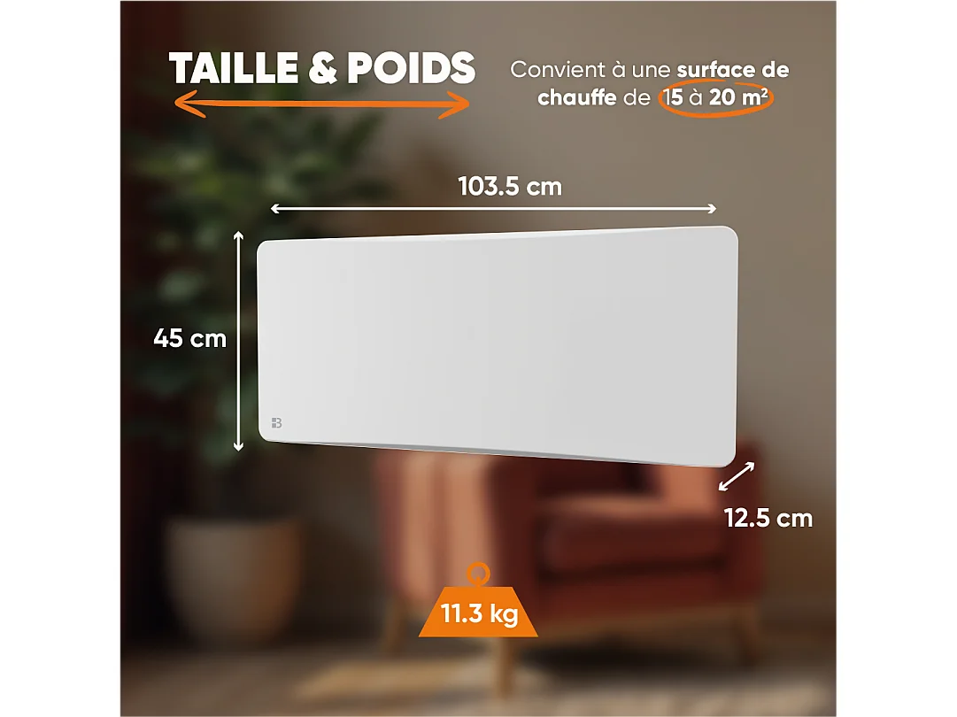 Radiateur électrique fixe à inertie sèche fonte + film avec thermostat interchangeable 2000W Bestherm ALMEA horizontal blanc
