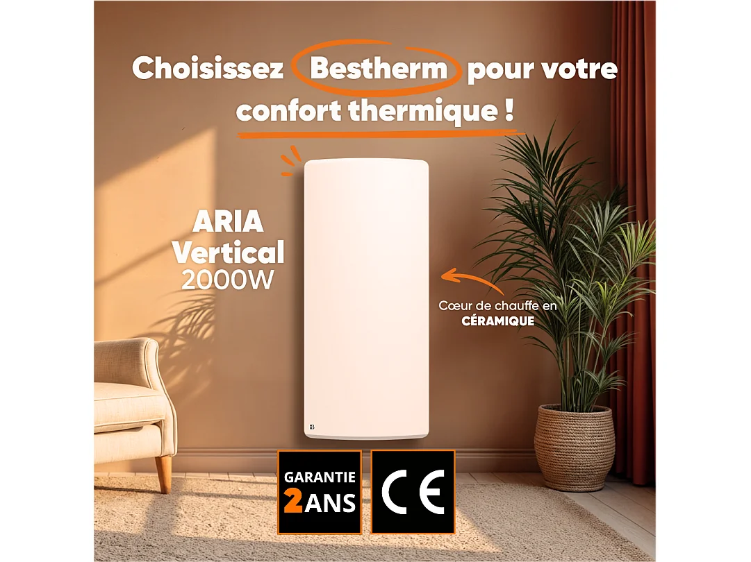 Radiateur électrique fixe à inertie sèche céramique 2000W Bestherm ARIA vertical blanc