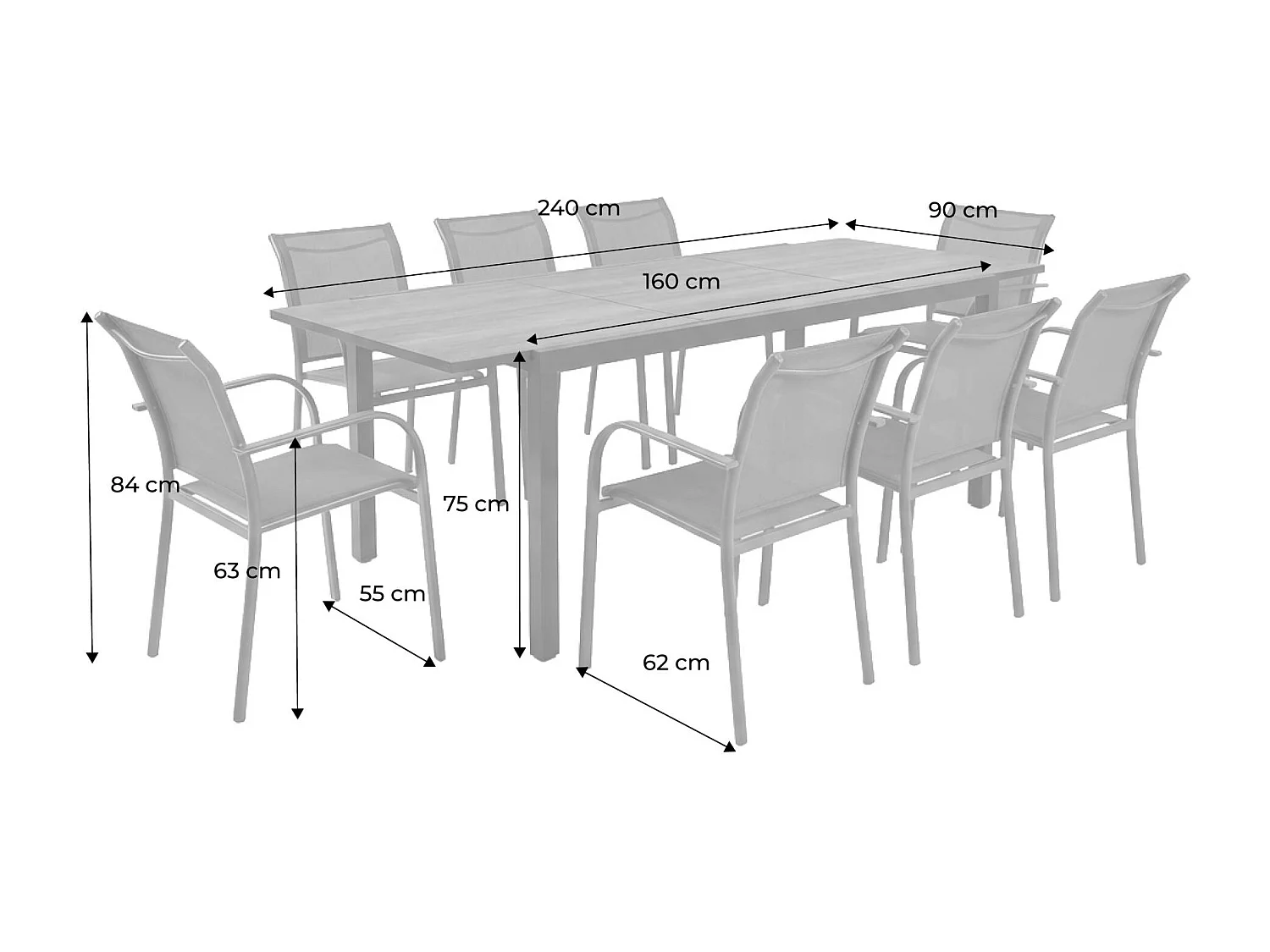 Table de jardin extensible aluminium effet bois + 8 assises anthracite - Nashville / Amara