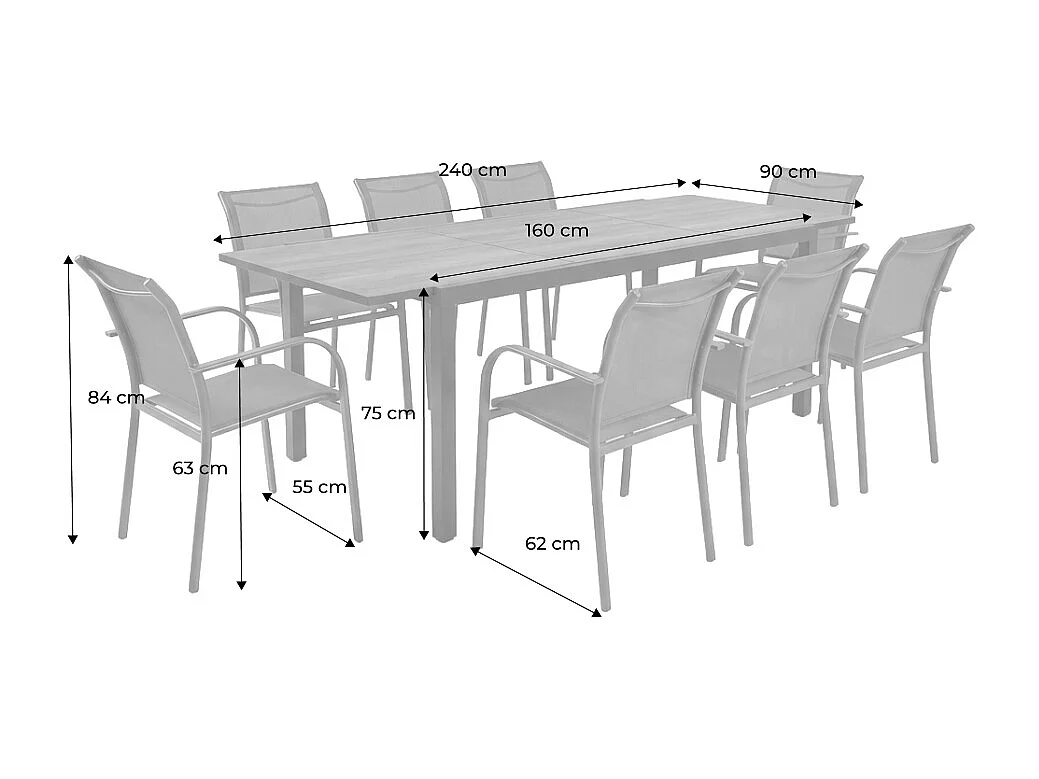 Table de jardin extensible aluminium effet bois + 8 assises anthracite - Nashville / Amara