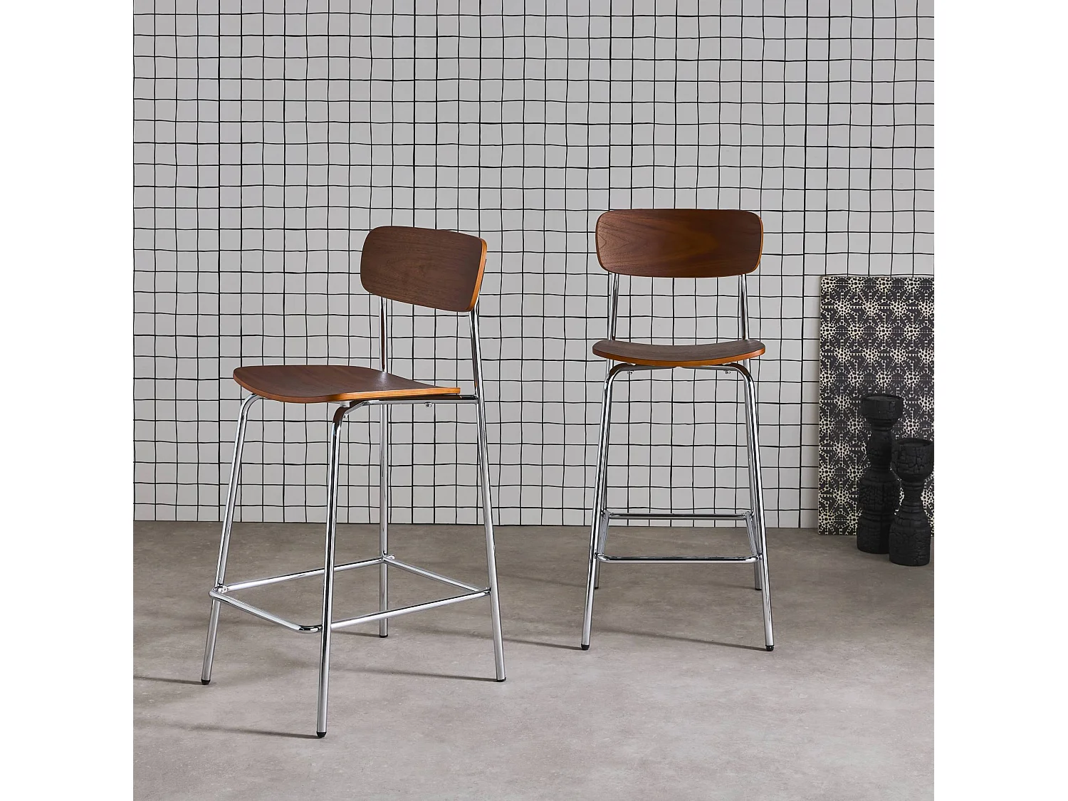 Set di 2 sgabelli da bar vintage metallo e compensato, grigio perlato