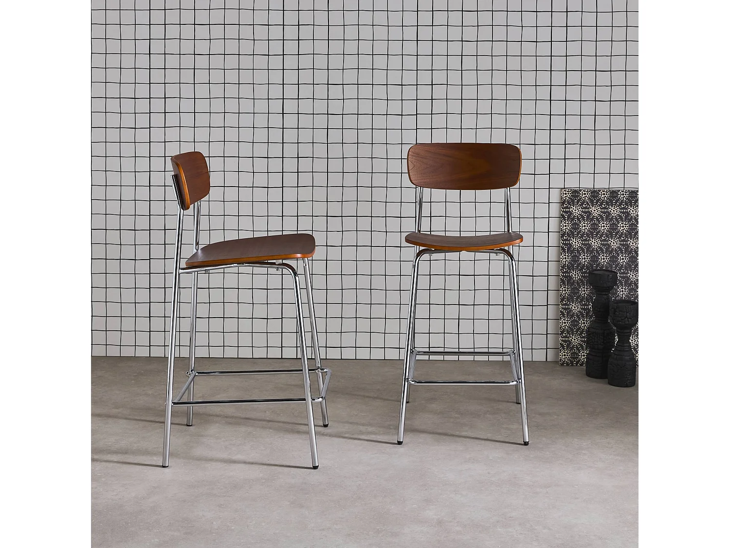 Set di 2 sgabelli da bar vintage metallo e compensato, grigio perlato