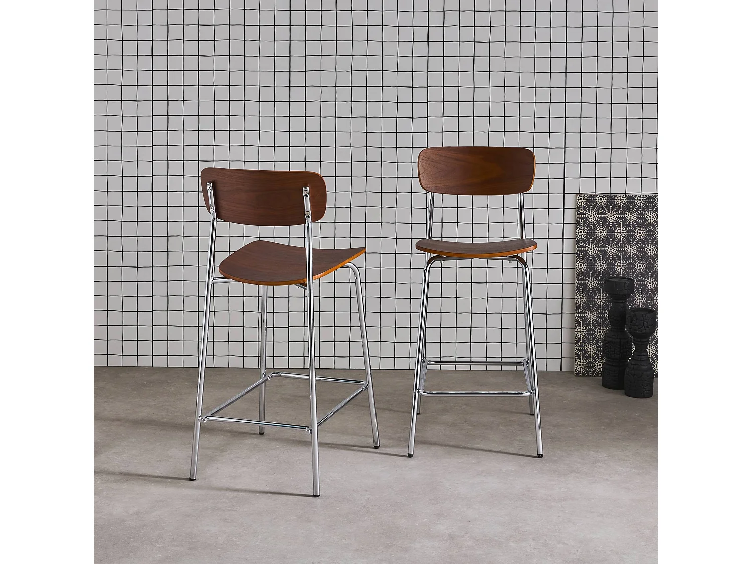 Set di 2 sgabelli da bar vintage metallo e compensato, grigio perlato