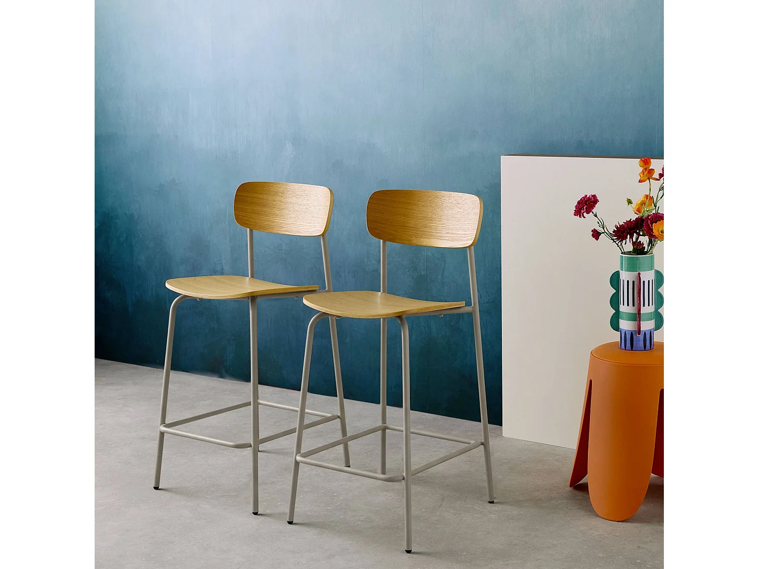 Set di 2 sgabelli da bar vintage metallo e compensato, beige