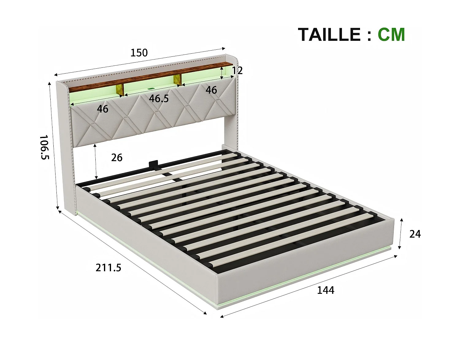 Lit coffre rembourré 140x200 cm - LED intégrée et rangement - Tête de lit avec étagères - Sommier relevable - Design moderne