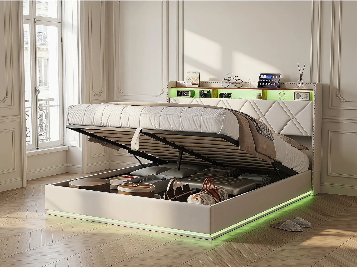 Lit coffre rembourré 140x200 cm - LED intégrée et rangement - Tête de lit avec étagères - Sommier relevable - Design moderne