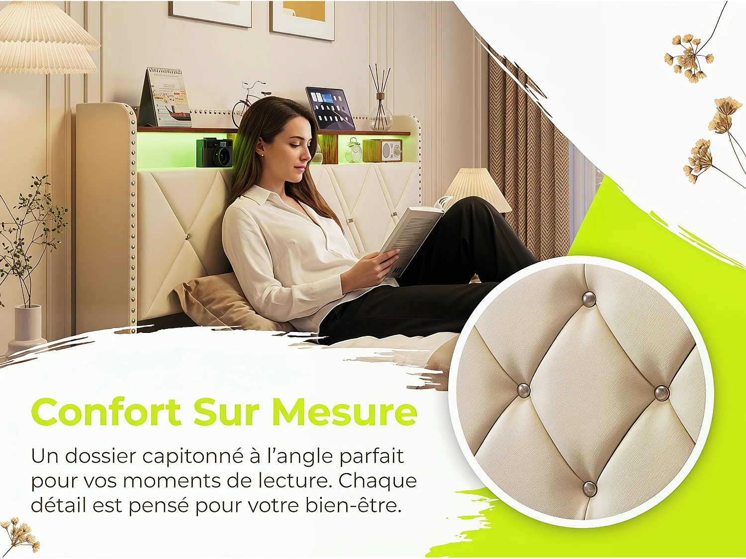 Lit coffre rembourré 140x200 cm - LED intégrée et rangement - Tête de lit avec étagères - Sommier relevable - Design moderne