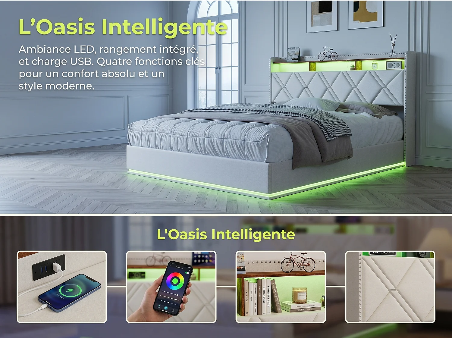 Lit coffre rembourré 140x200 cm - LED intégrée et rangement - Tête de lit avec étagères - Sommier relevable - Design moderne