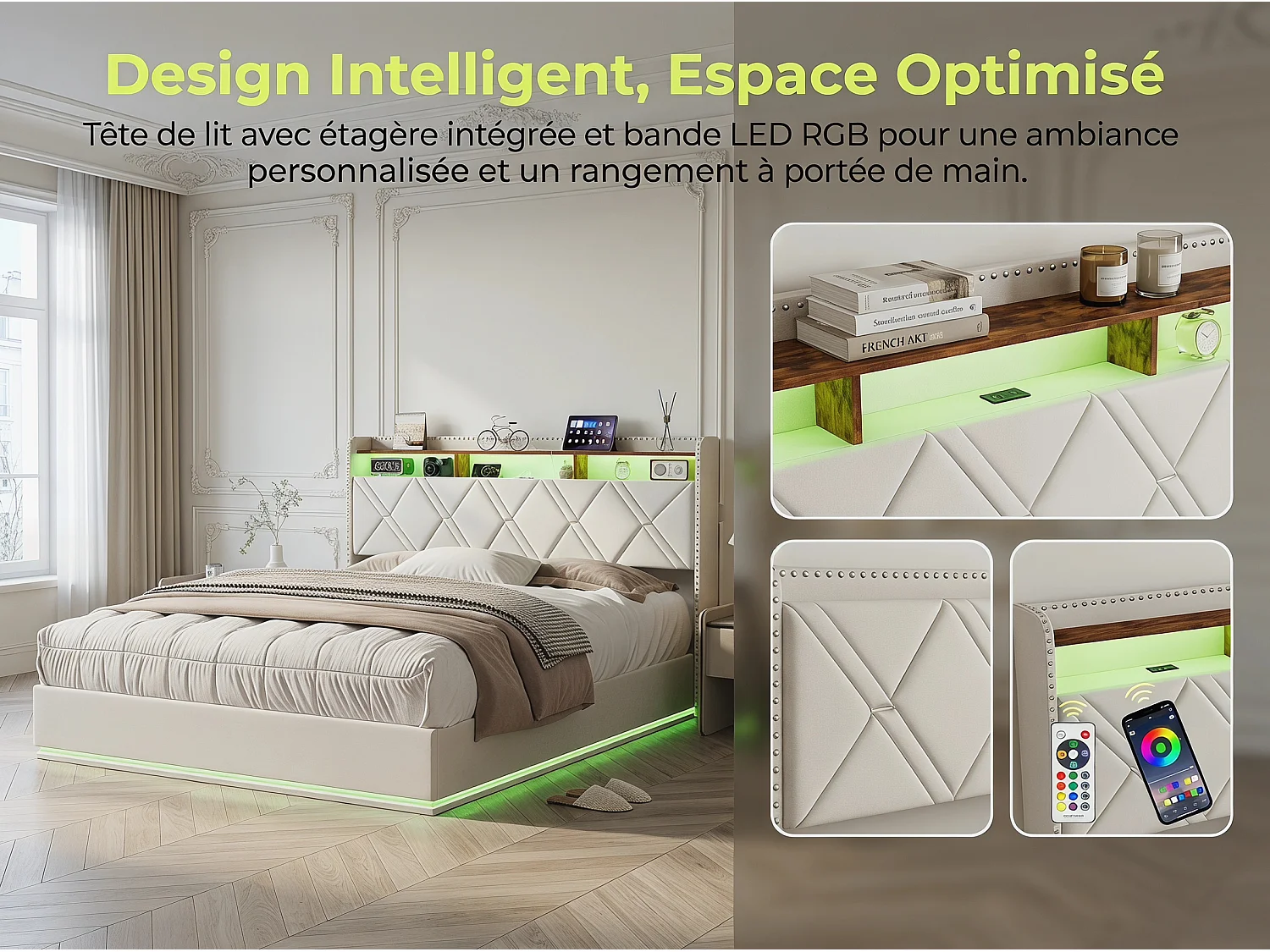 Lit coffre rembourré 140x200 cm - LED intégrée et rangement - Tête de lit avec étagères - Sommier relevable - Design moderne