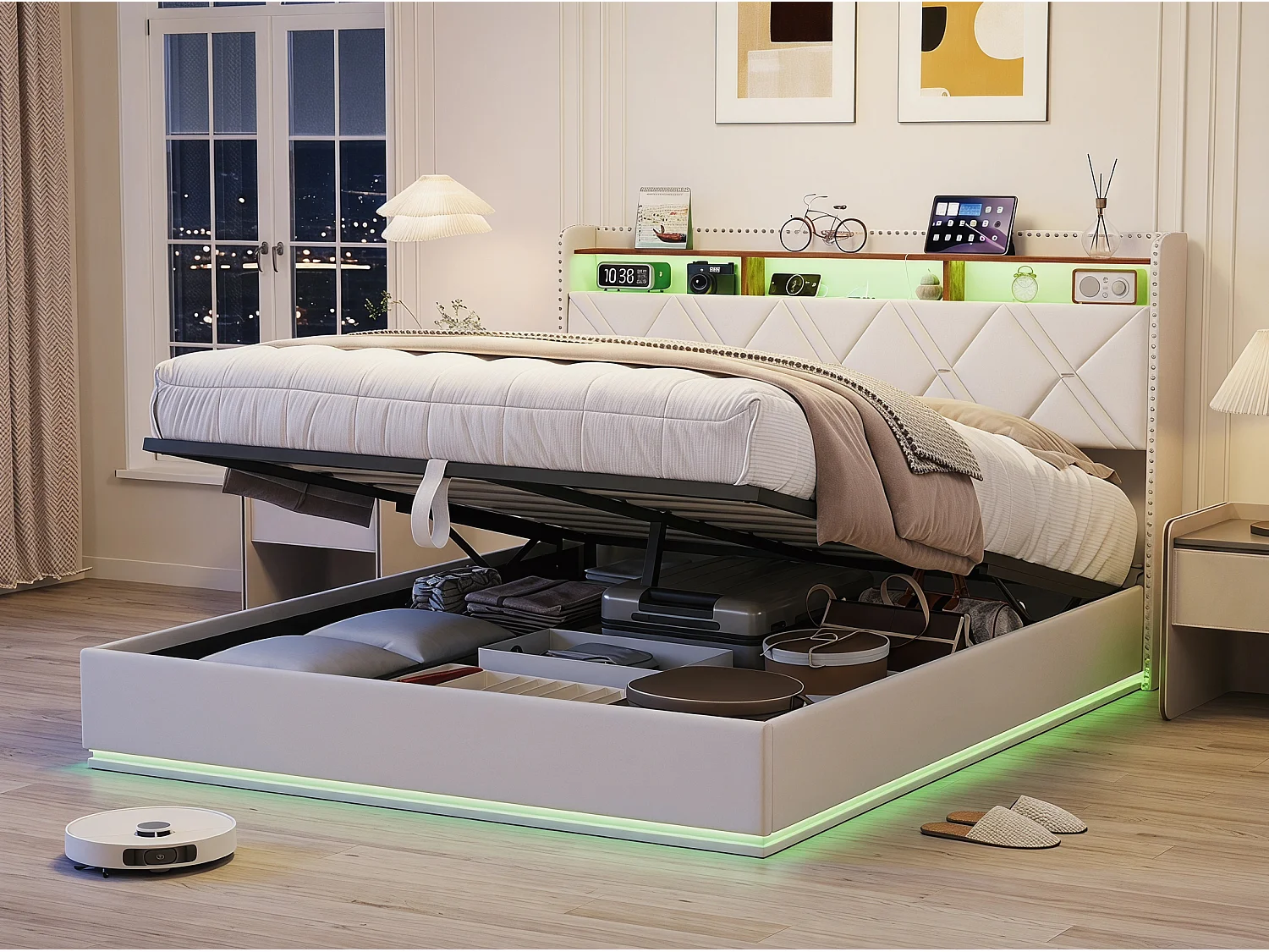 Lit coffre rembourré 140x200 cm - LED intégrée et rangement - Tête de lit avec étagères - Sommier relevable - Design moderne