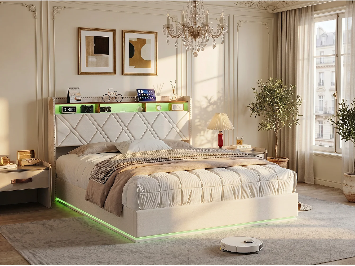 Lit coffre rembourré 140x200 cm - LED intégrée et rangement - Tête de lit avec étagères - Sommier relevable - Design moderne