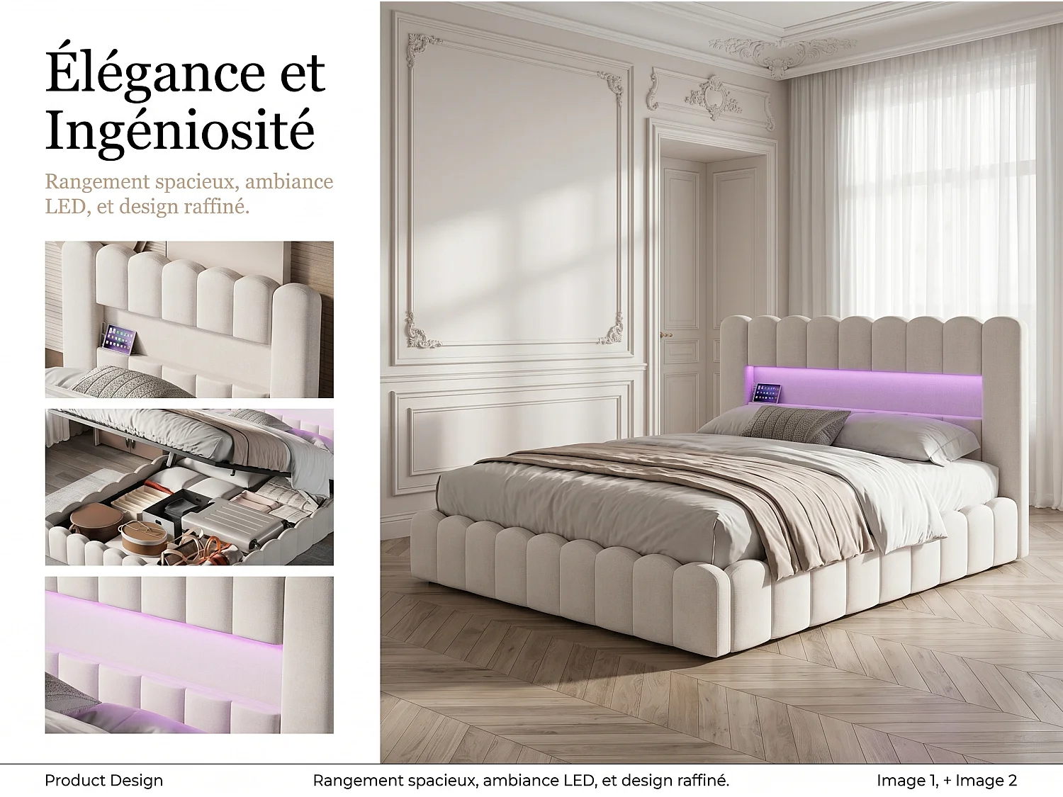 Lit coffre rembourré 160x200 cm - LED intégrée et ports USB - Tissu beige - Sommier relevable à lattes - Grand espace de rangement