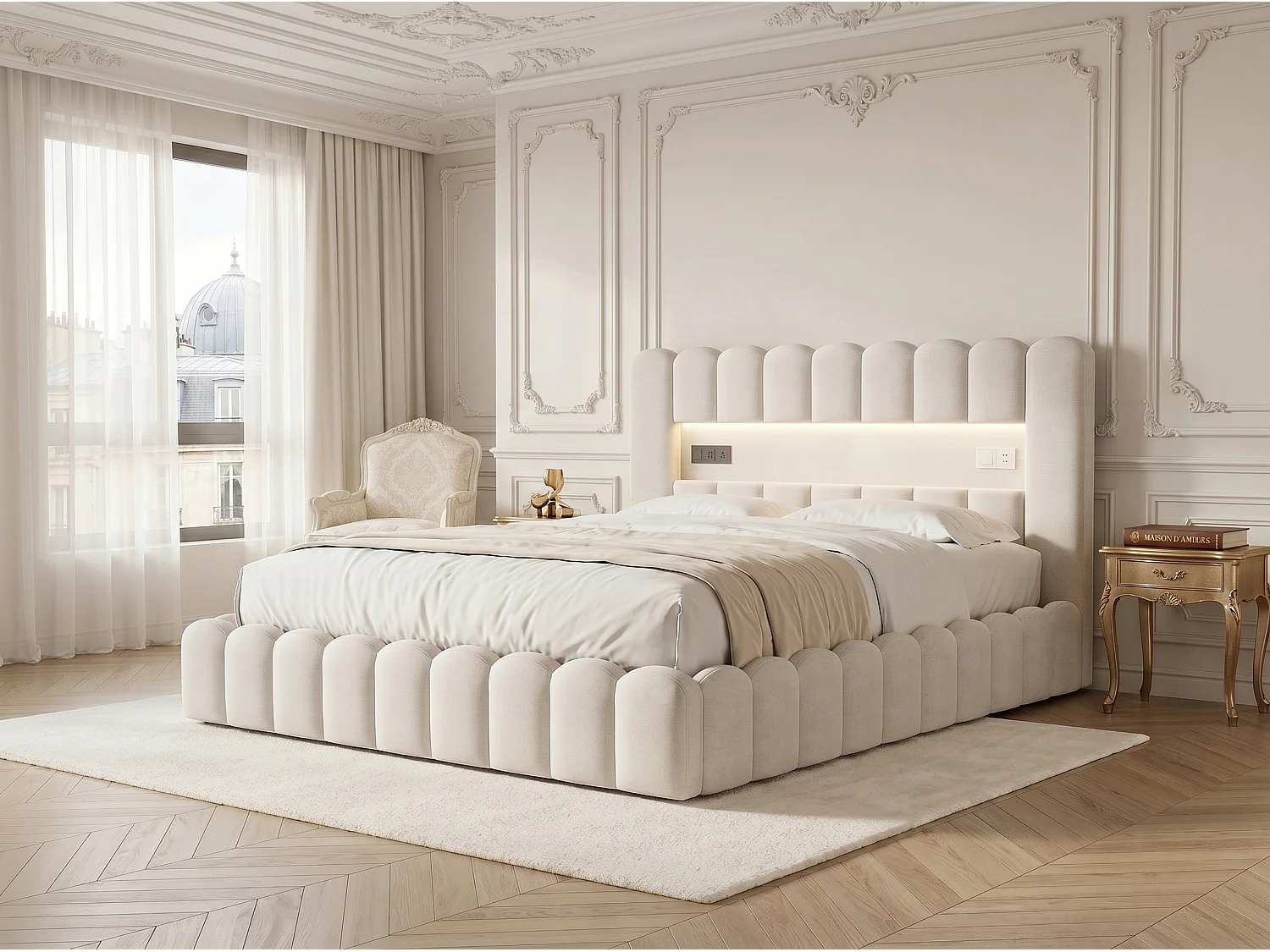 Lit coffre rembourré 160x200 cm - LED intégrée et ports USB - Tissu beige - Sommier relevable à lattes - Grand espace de rangement