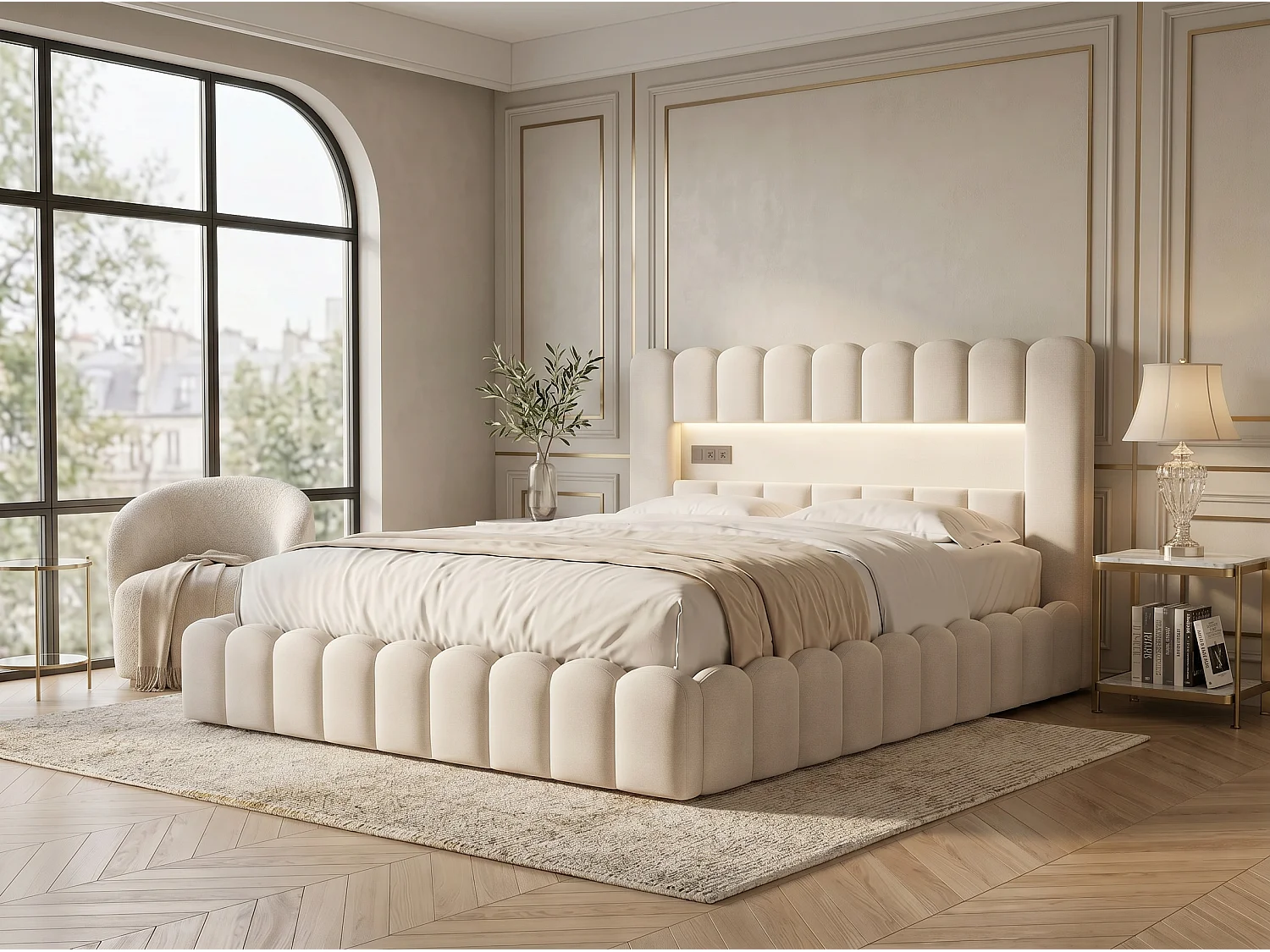 Lit coffre rembourré 160x200 cm - LED intégrée et ports USB - Tissu beige - Sommier relevable à lattes - Grand espace de rangement