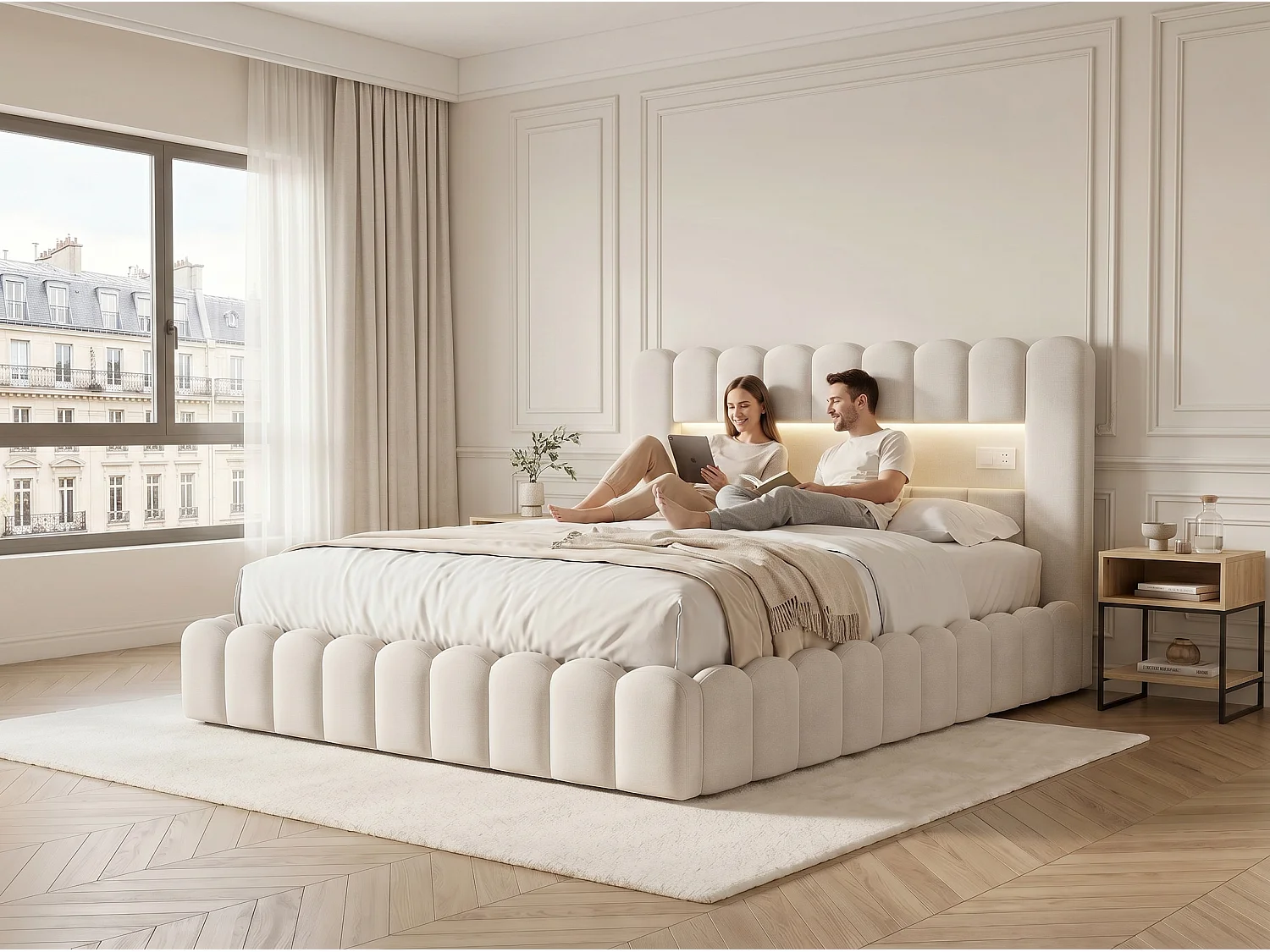 Lit coffre rembourré 160x200 cm - LED intégrée et ports USB - Tissu beige - Sommier relevable à lattes - Grand espace de rangement