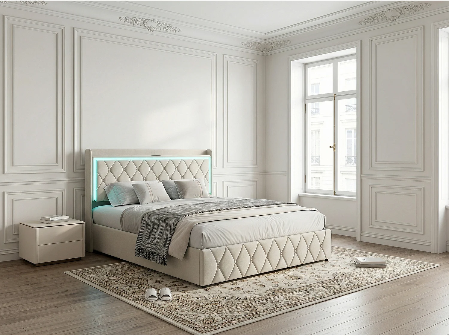 Lit coffre 160x200 avec LED et USB, lit double avec tête de lit rangement, lit en velours avec sommier