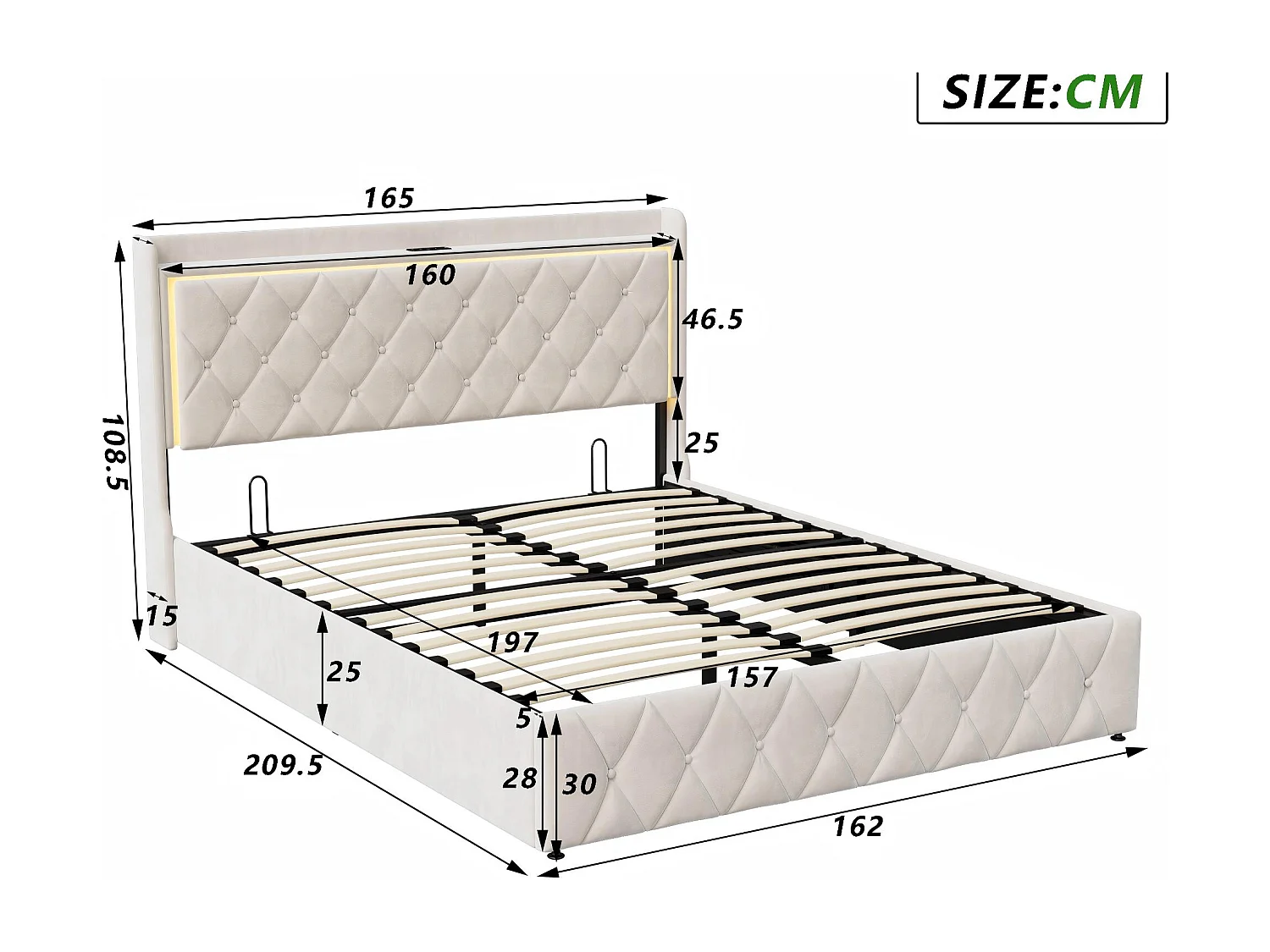 Lit coffre 160x200 avec LED et USB, lit double avec tête de lit rangement, lit en velours avec sommier