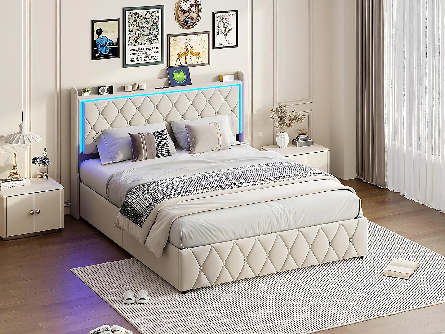 Lit coffre 160x200 avec LED et USB, lit double avec tête de lit rangement, lit en velours avec sommier