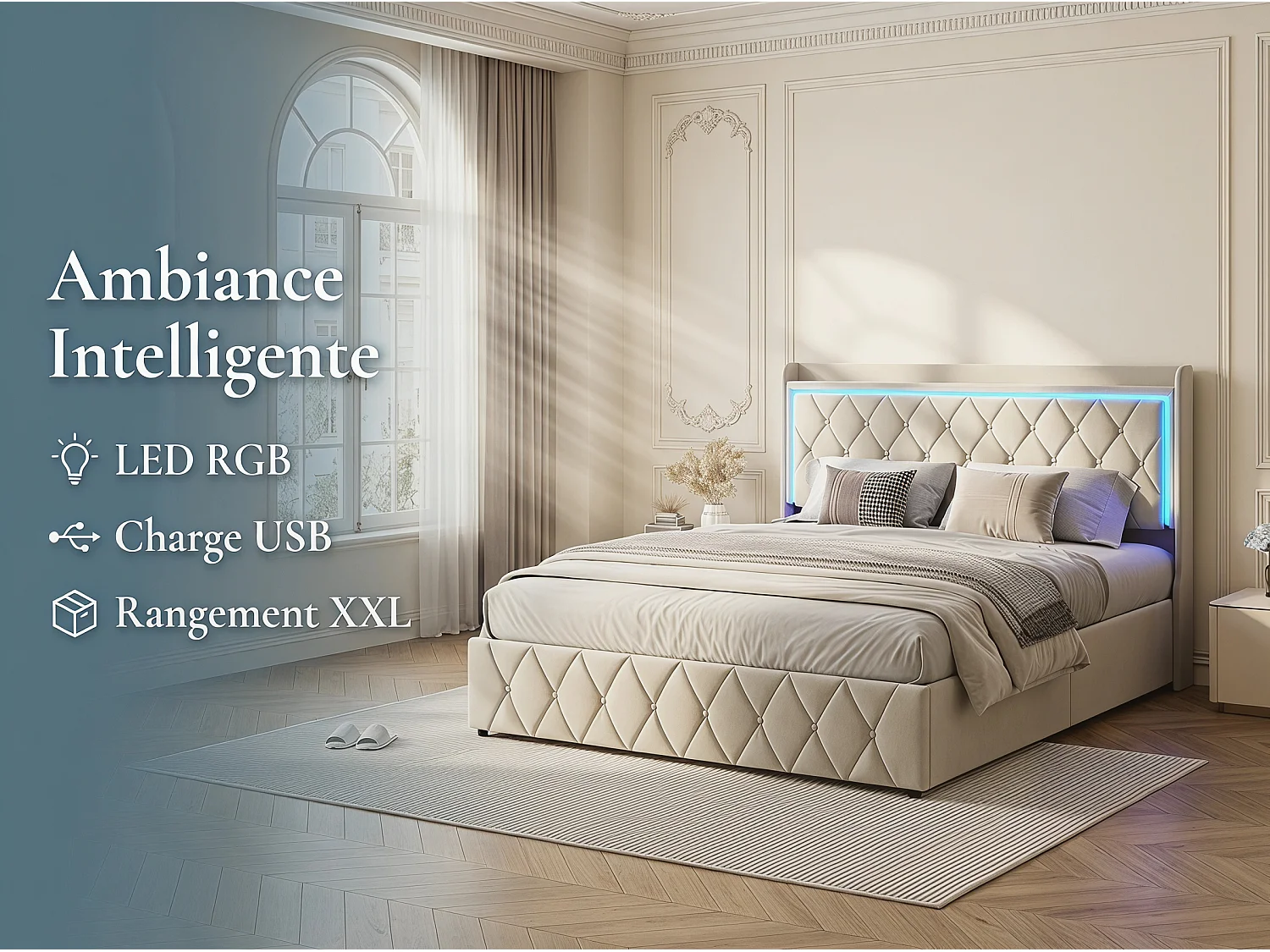 Lit coffre rembourré 160x200 cm - LED intégrée et port USB - Tête de lit avec rangement - Velours - Sommier inclus