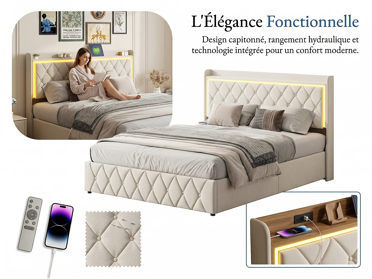 Lit coffre rembourré 160x200 cm - LED intégrée et port USB - Tête de lit avec rangement - Velours - Sommier inclus
