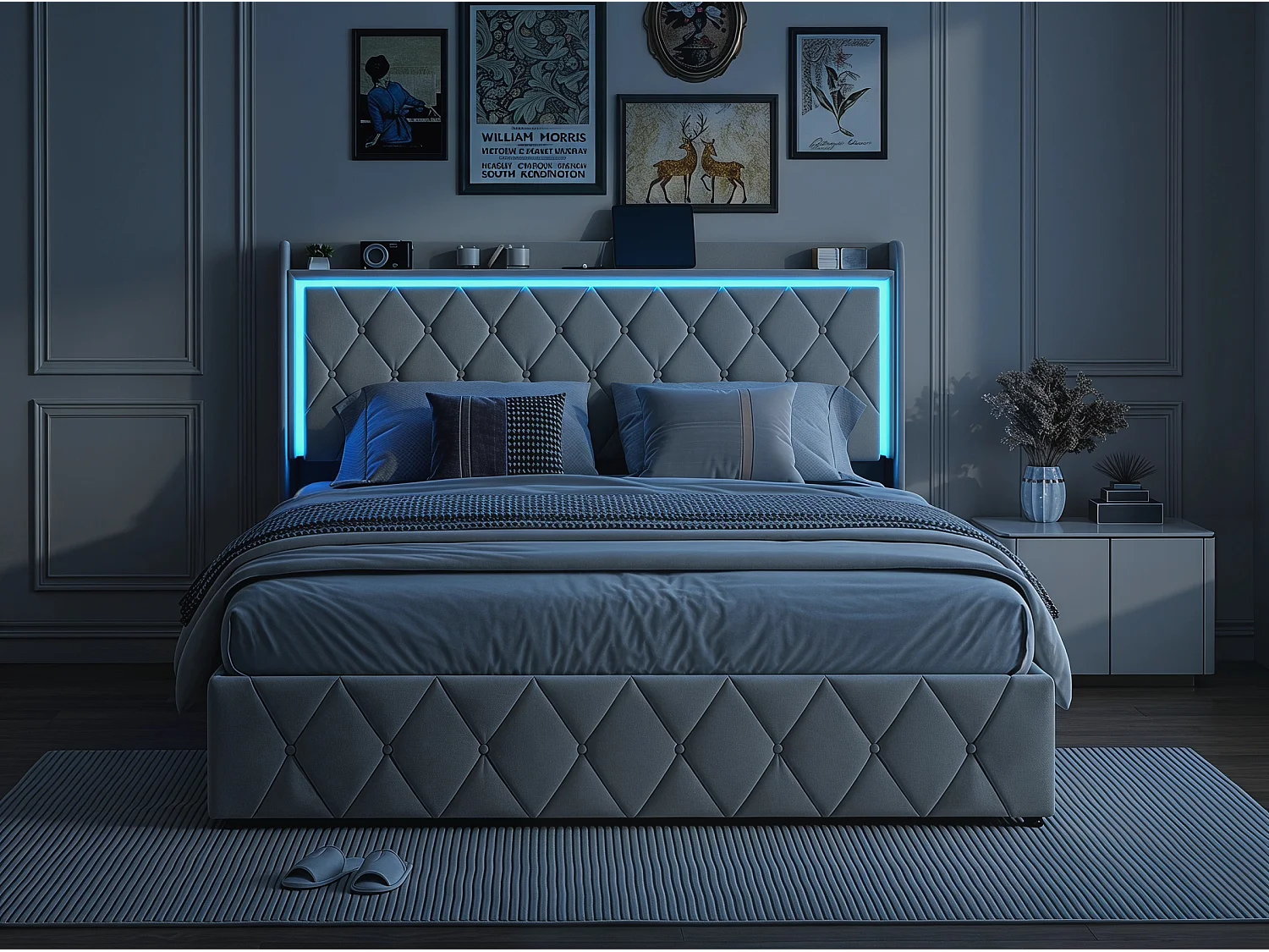 Lit coffre rembourré 160x200 cm - LED intégrée et port USB - Tête de lit avec rangement - Velours - Sommier inclus