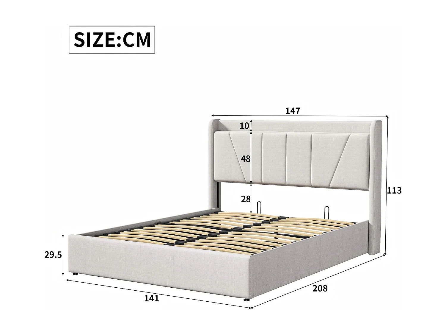 Lit coffre rembourré 140x200 cm - Ports USB + Type-C - Tête de lit avec étagère - Sommier relevable - Grand rangement