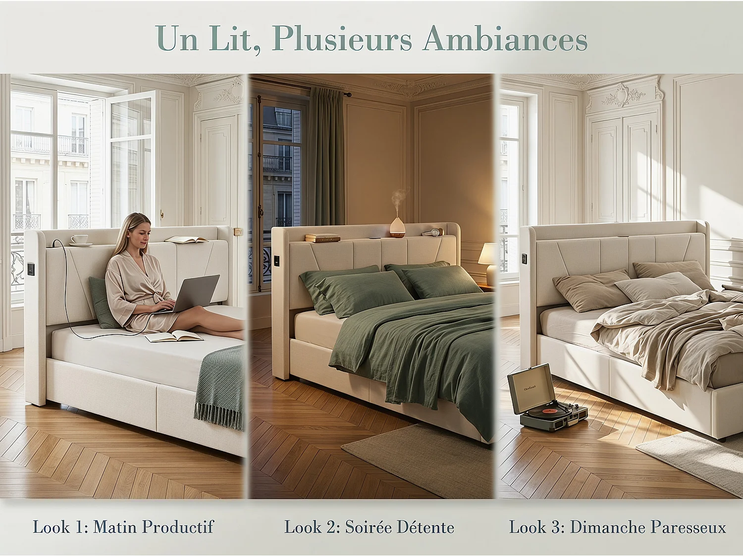 Lit coffre rembourré 140x200 cm - Ports USB + Type-C - Tête de lit avec étagère - Sommier relevable - Grand rangement
