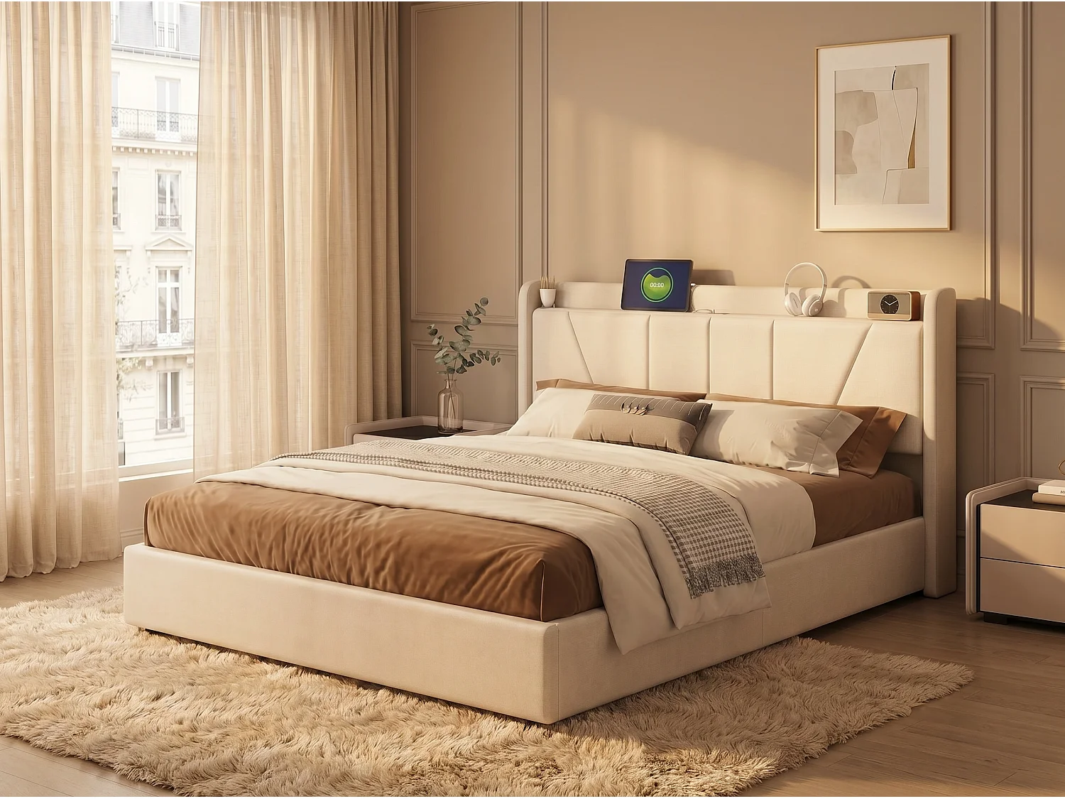 Lit coffre rembourré 140x200 cm - Ports USB + Type-C - Tête de lit avec étagère - Sommier relevable - Grand rangement